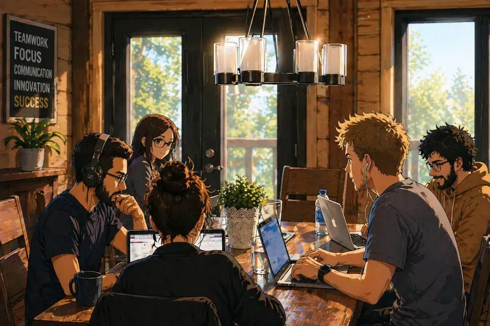 GAC team collaborating around laptops in a warm cabin workspace